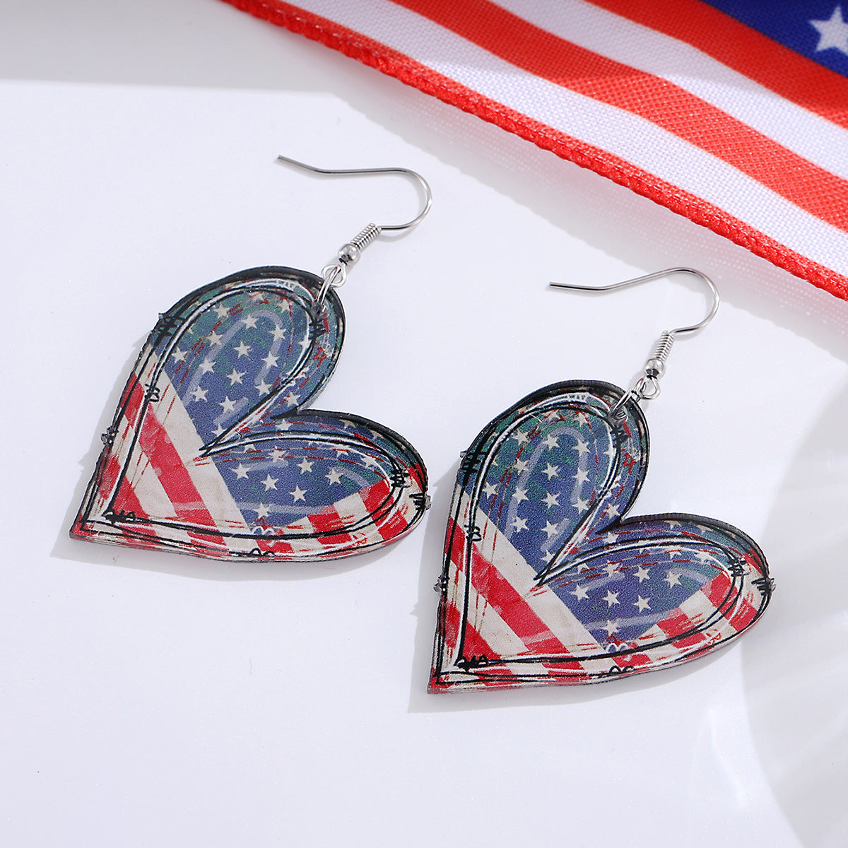 Wholesale Independence Day Red White Blue Stripes Stars American Flag Heart Earrings