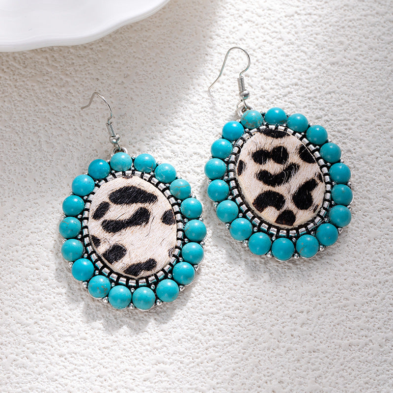 Wholesale Zinc Alloy Turquoise Inlaid Earrings Bohemian Leopard Print Fashion Jewelry for Women