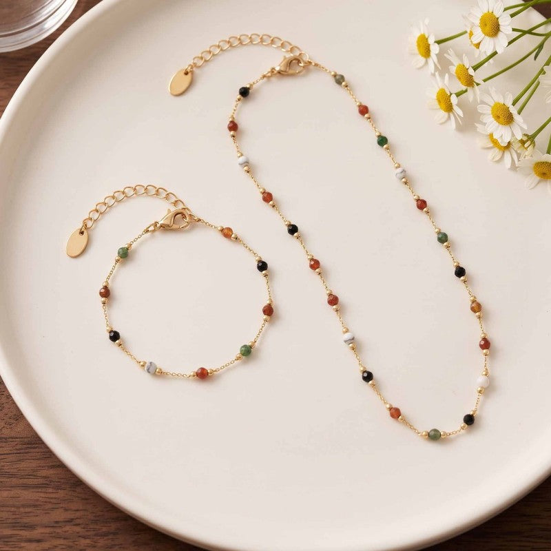 Wholesale Retro Colorful Natural Stone Necklace French Minimalist Geometric Collarbone Chain Everyday Fashion Jewelry Accessory