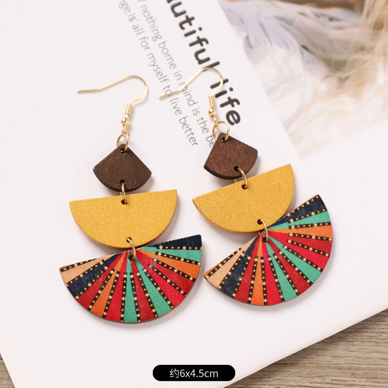 Wholesale Bohemian Wooden Ear Studs Geometric Stripe Ethnic Print Fashion Jewelry Accessory Boutique Gift