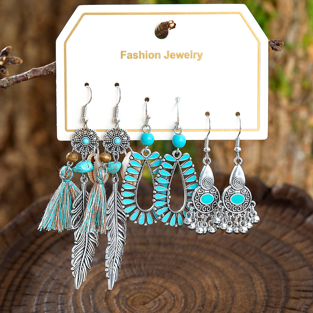 Wholesale European and American Cross-Border Hot Selling New Turquoise Earrings Set Fashion Ethnic Holiday Style Earrings Earrings Manufacturer
