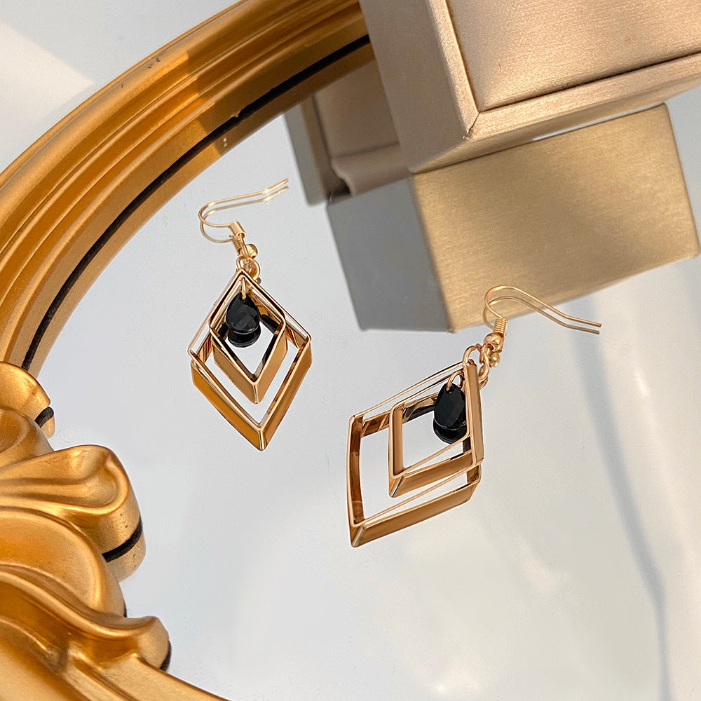 Wholesale Retro Diamond  Black Rhinestone Pendant Hollow Square Earrings