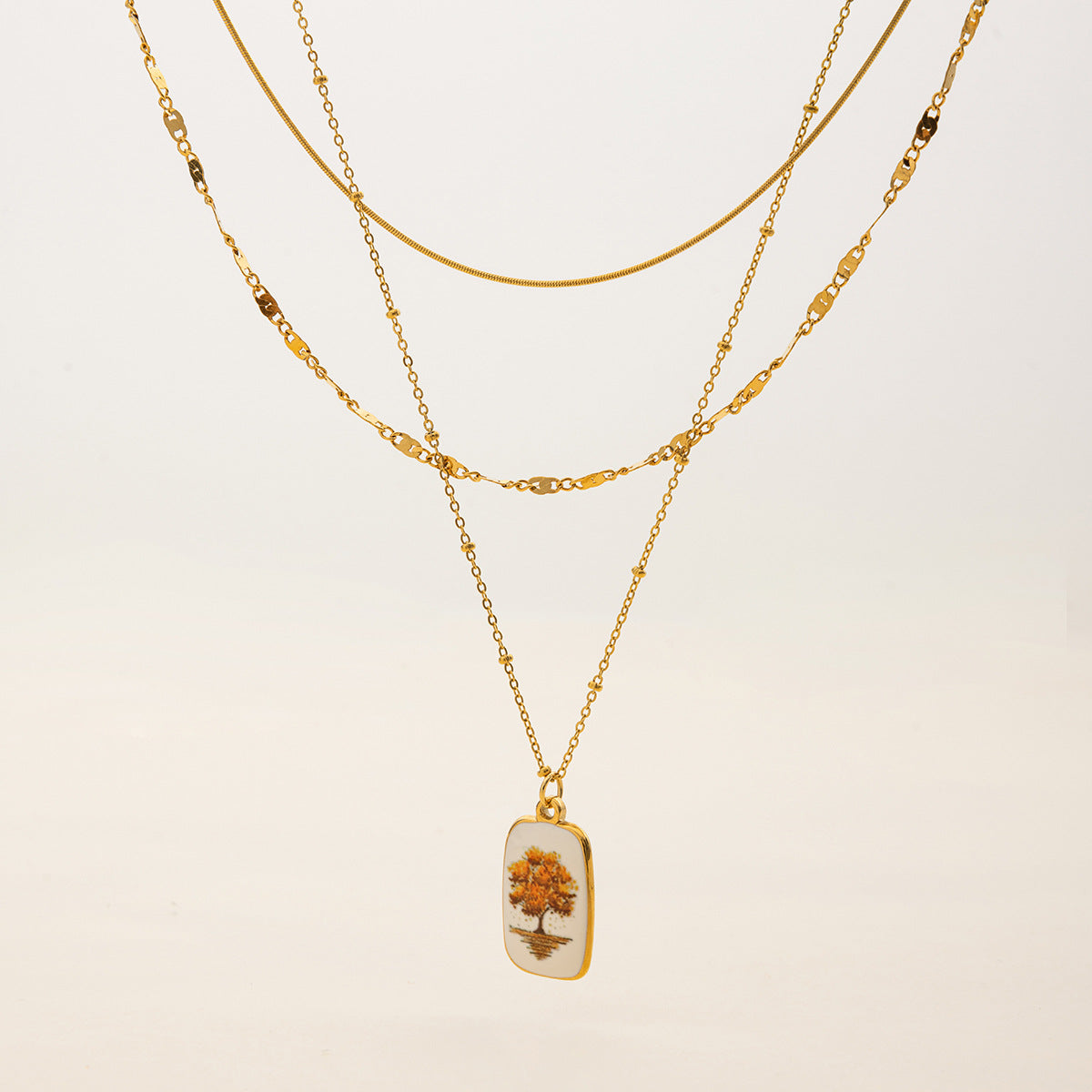 Wholesale 18K Gold Stainless Steel Three-Layer Printed Tree of Life Multi-Layer Necklace