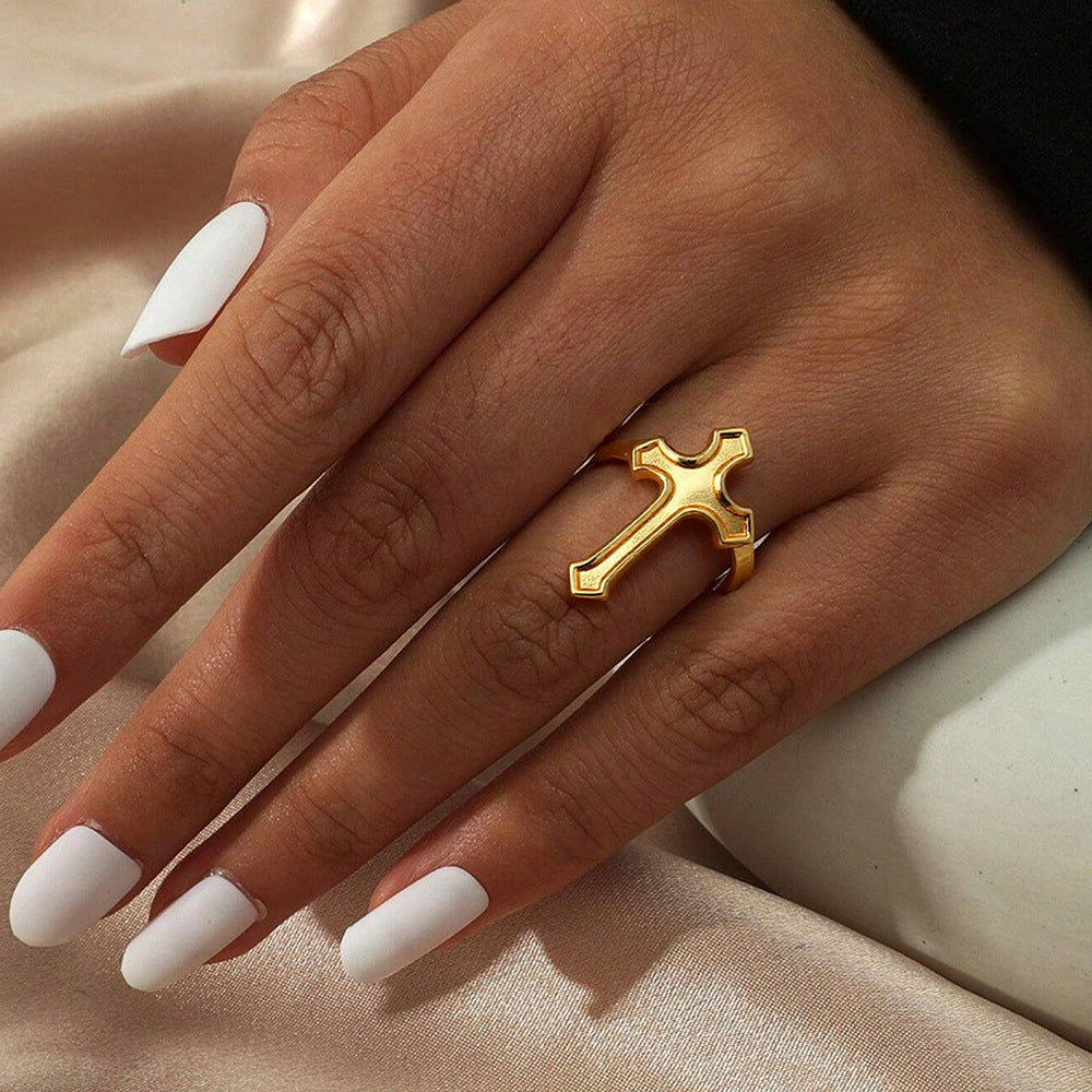 Wholesale Electroplated Stainless Steel Cross Open Ring French Vintage Style Chic Jewelry Accessory For Everyday Wear Gift