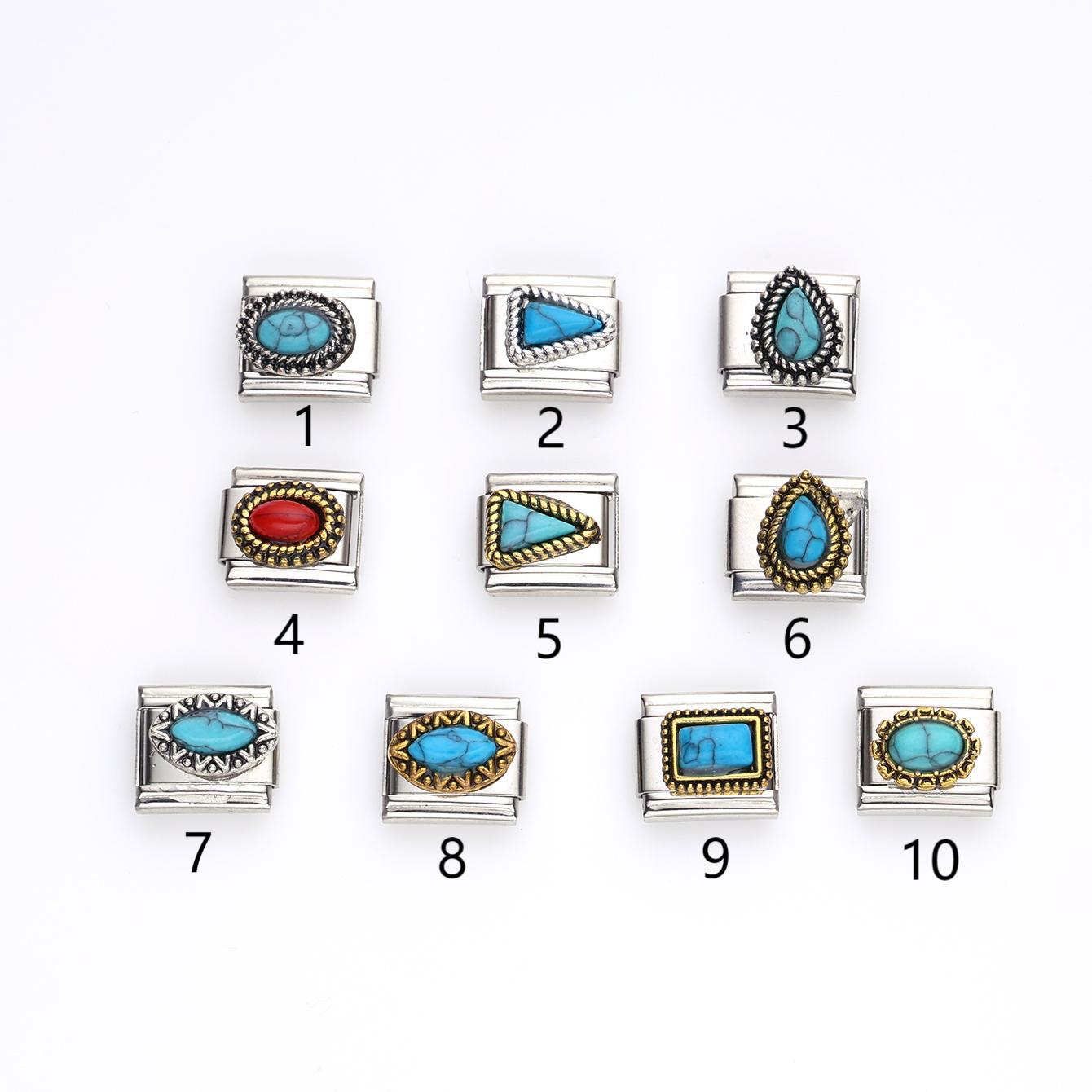 Wholesale 10pcs Italian Charm Bracelet 9mm DIY Splicing Geometric Turquoise Stainless Steel Composable Bracelet