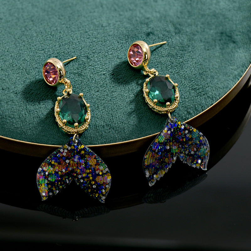 Wholesale Zircon Fish Tail Long Crystal Silver Needle Earrings ACC-ES-Jiuj001