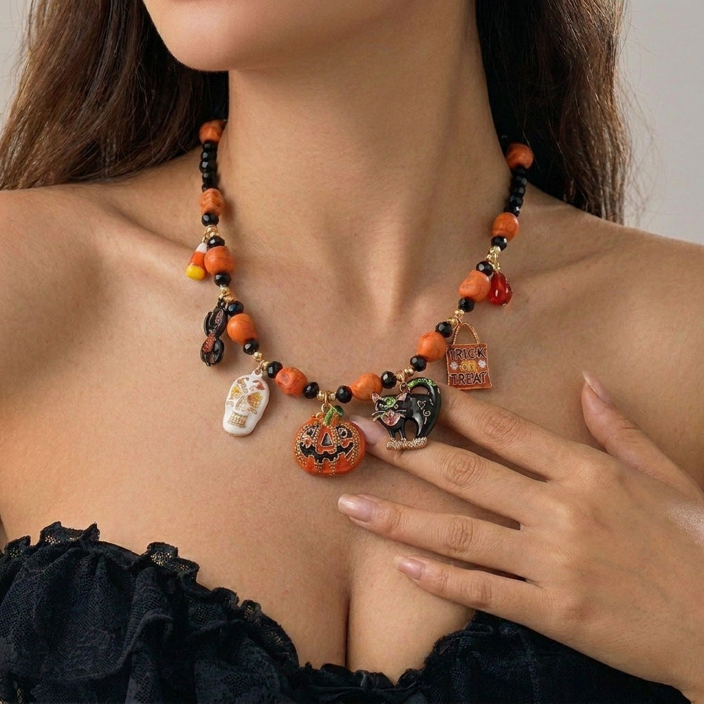 Wholesale  Pendant Necklace Pumpkin Bat Ghost Vintage Orange Black Beaded Choker Holiday Party Jewelry Gift