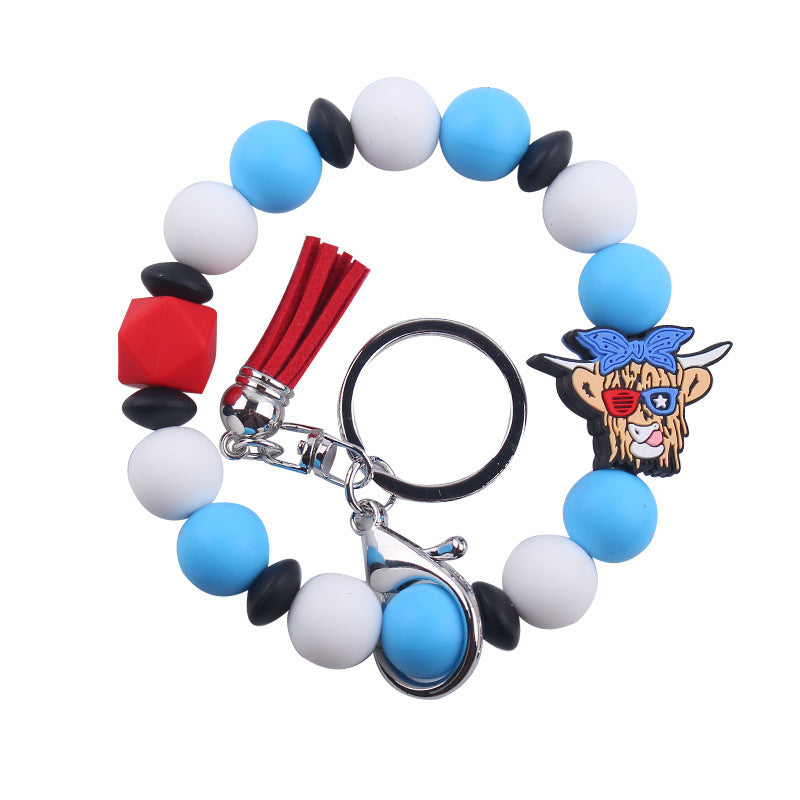 Wholesale Wristlet Keychain New Keychain Pendant Leather PU Short Tassel Silicone Beads Independence Day Bracelet Keychain ACC-KC-GuangTian037