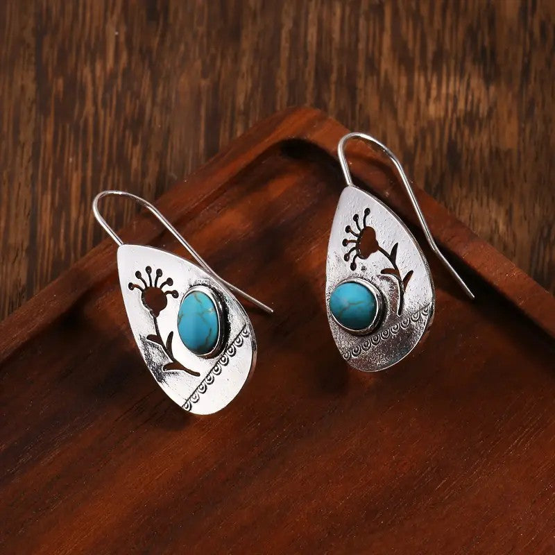 Wholesale Retro Drop-shaped Hollow Flower Turquoise Earrings - Everyday Fashion Accessory