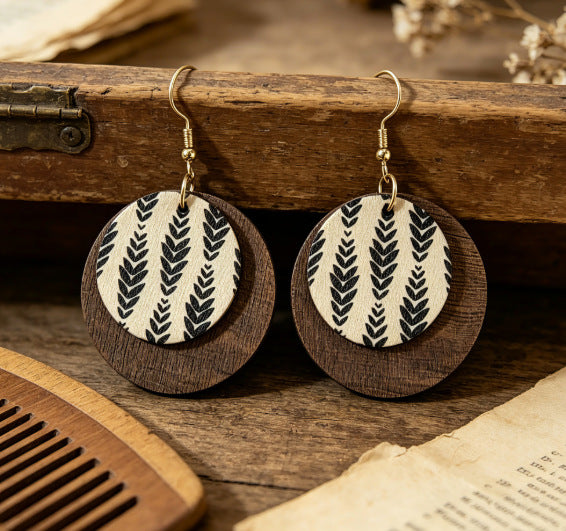 Wholesale Retro Wooden Earrings With Geometric Bohemian Print French Vintage Style Fashion Jewelry Accessory For Gift And Resale