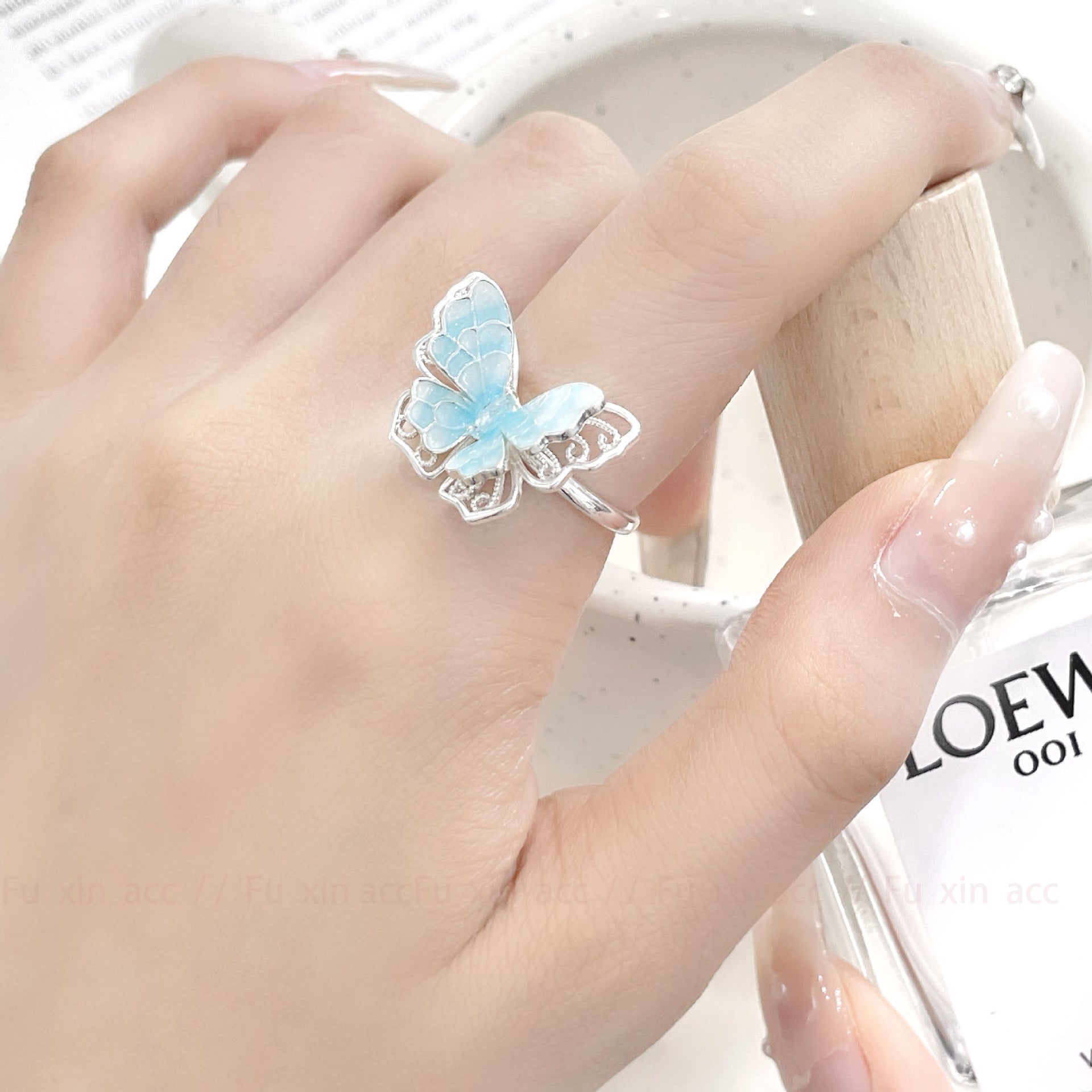 Wholesale  gradient blue and white double-layer hollow butterfly ring