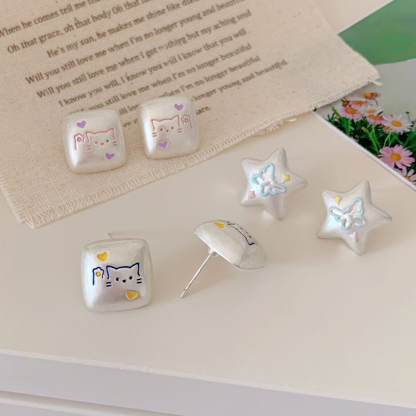 Wholesale Square Graffiti Cat Earrings  Asian Silver Cute Five-pointed Star Butterfly Earrings