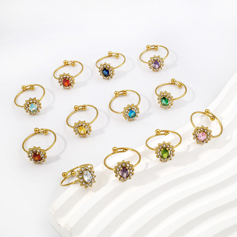 Wholesale Adjustable Flower Design Stainless Steel Open Ring with Colored Gemstones Fashion Jewelry Accessory