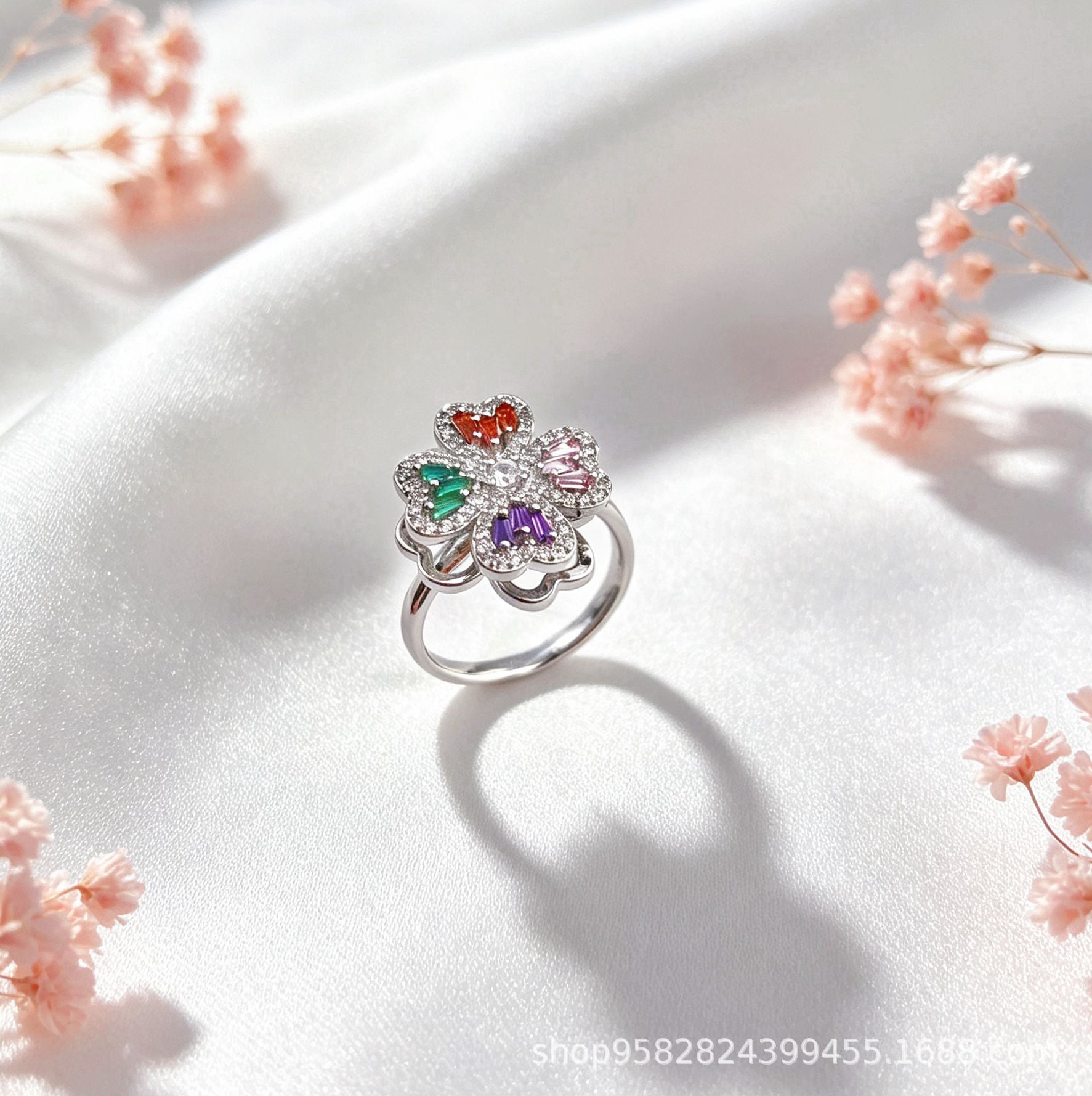 Wholesale 360° Rotating Double-Layer Flower Ring Gold Plated Zircon Fashion Accessory Boutique Gift