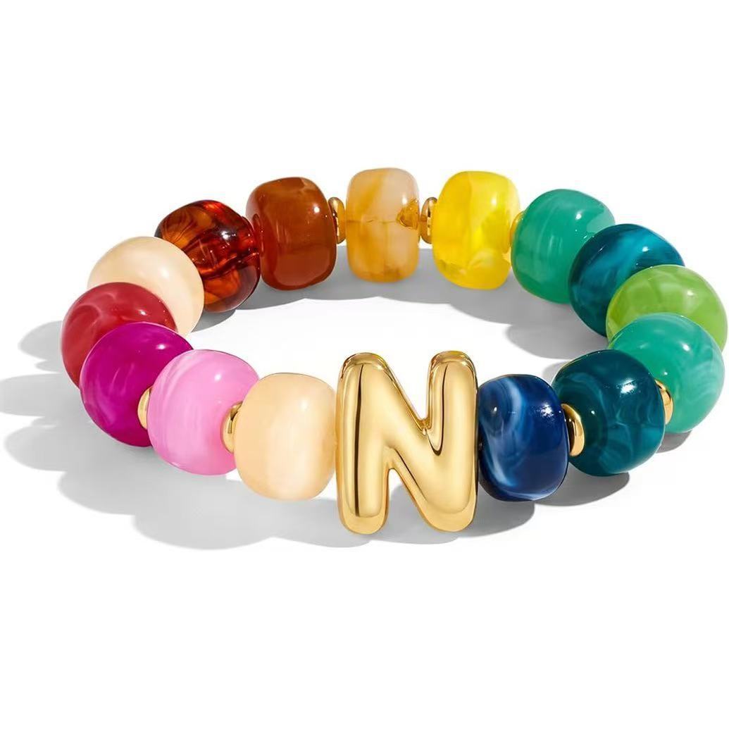 Wholesale 2026 Amazon Cross-Border Colorful Beaded 26 Letter Bracelet for Women,  Resin,  Fashionable and Unique,  High Elasticity Bracelet