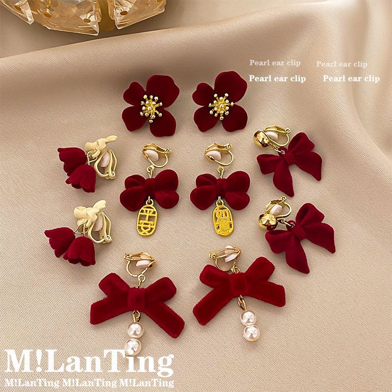 Wholesale Burgundy Flocking Bow Flower Ear Clips Earrings