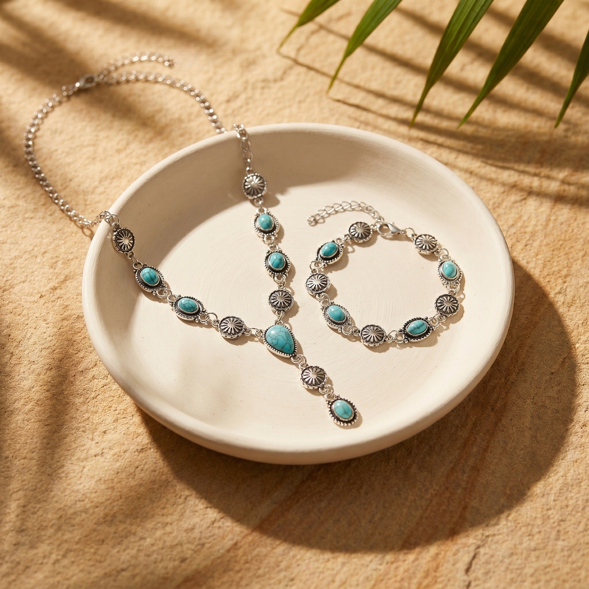 Wholesale Ethnic Turquoise Drop Y Shaped Necklace Vintage Carved Bracelet Jewelry Set Antique Silver Finish Fashion Gift For Resale