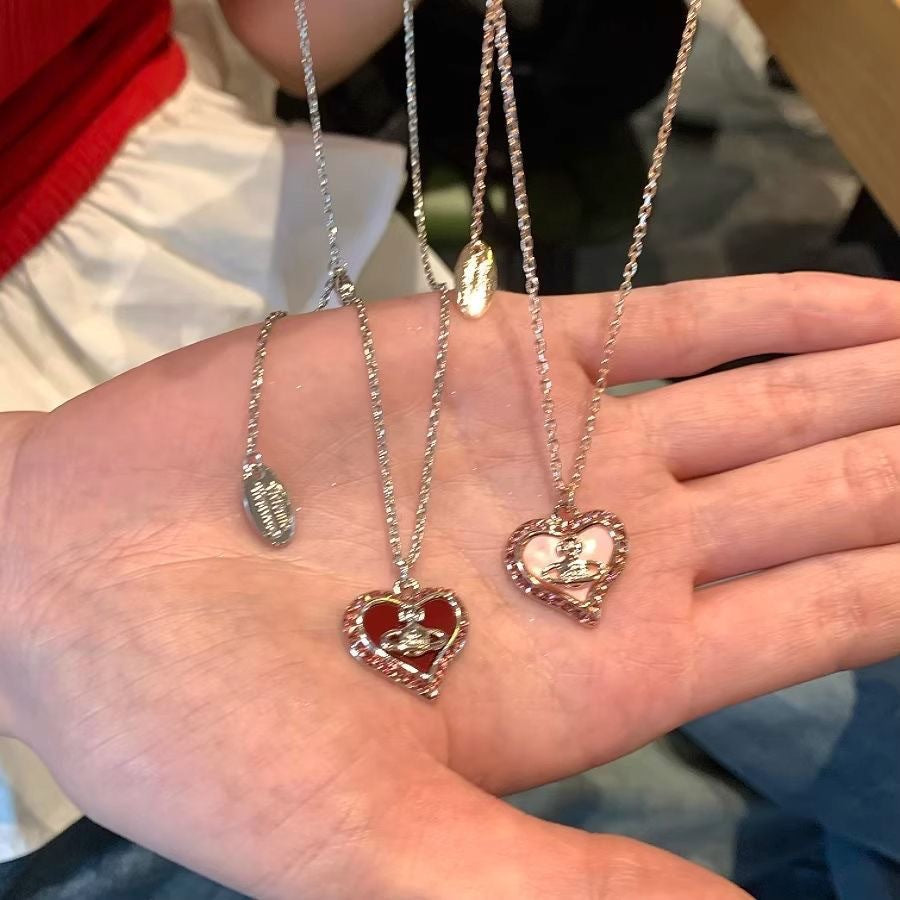 Wholesale New Niche Pink Heart Saturn Necklace for Women,  Ins-Style Light Luxury Design,  Long Clavicle Chain,  Student Version Choker