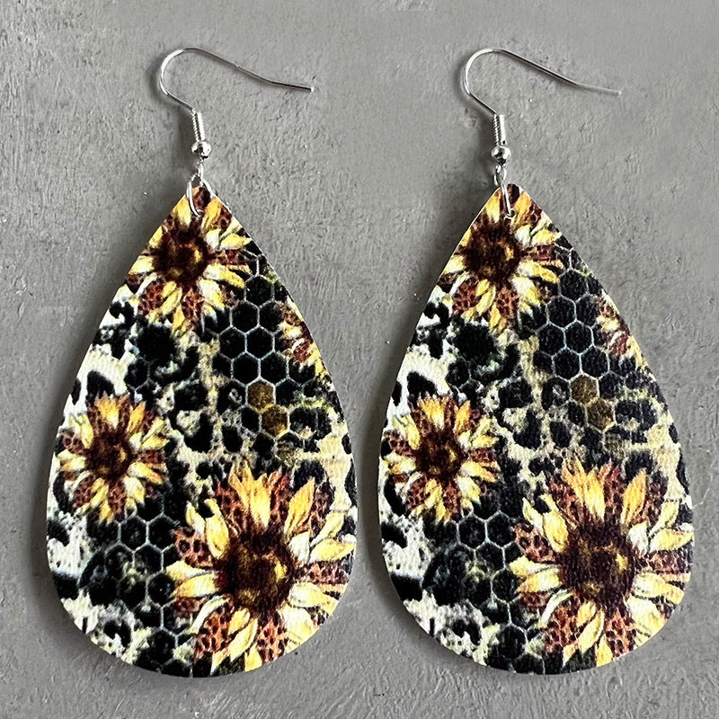 Wholesale 2 Pairs/Pack Christmas Vintage Western Style Leopard Print Sunflower Cactus Drop Shape Leather Earrings ACC-ES-HY104