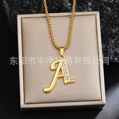 Wholesale Titanium Steel 26 Diamond-Encrusted English Letter Necklaces