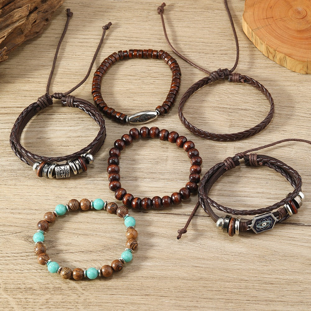 Wholesale Vintage wooden bead bracelet with evil eye design, elastic rope bracelet set