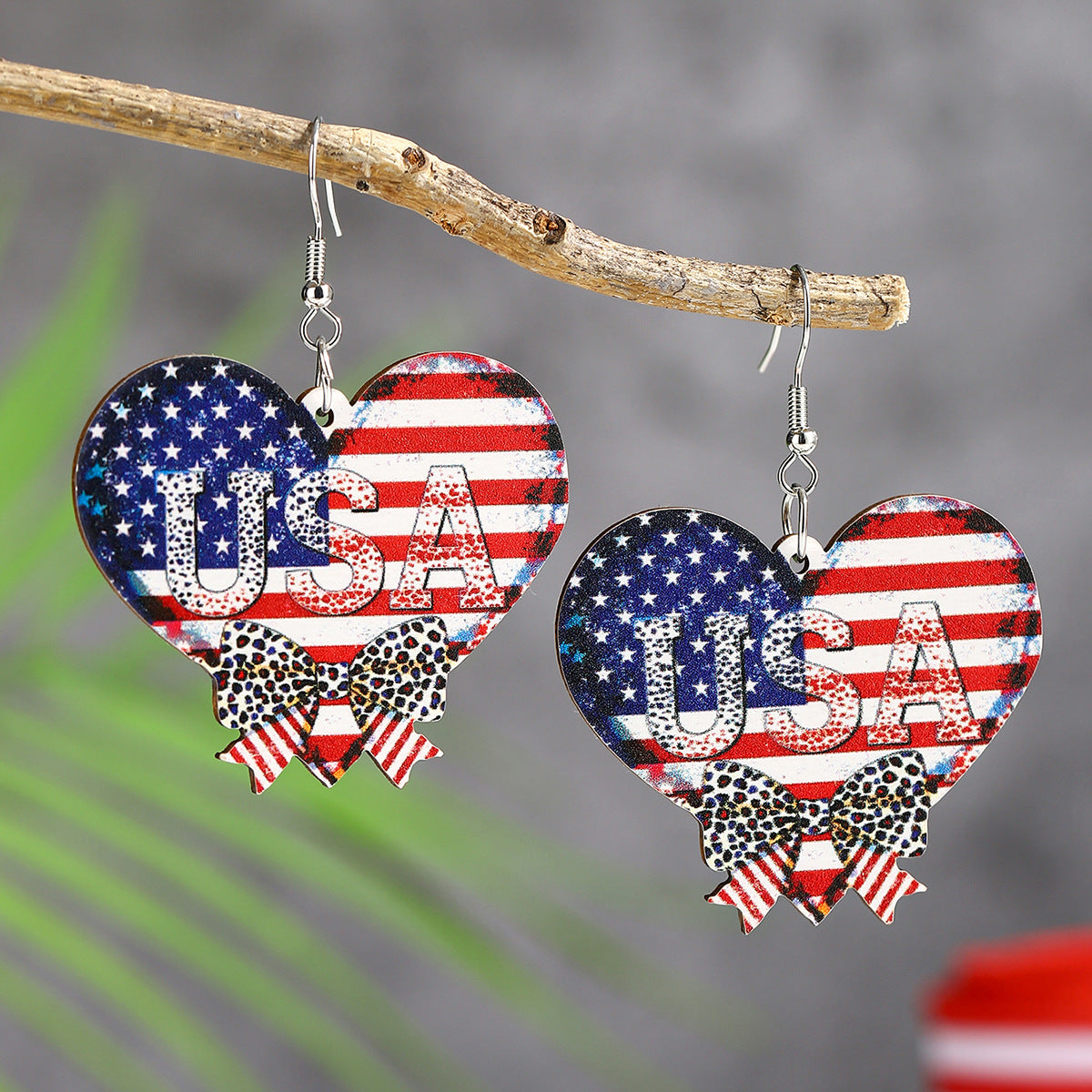 Wholesale  US Independence Day Element Wooden Water Drop Earrings