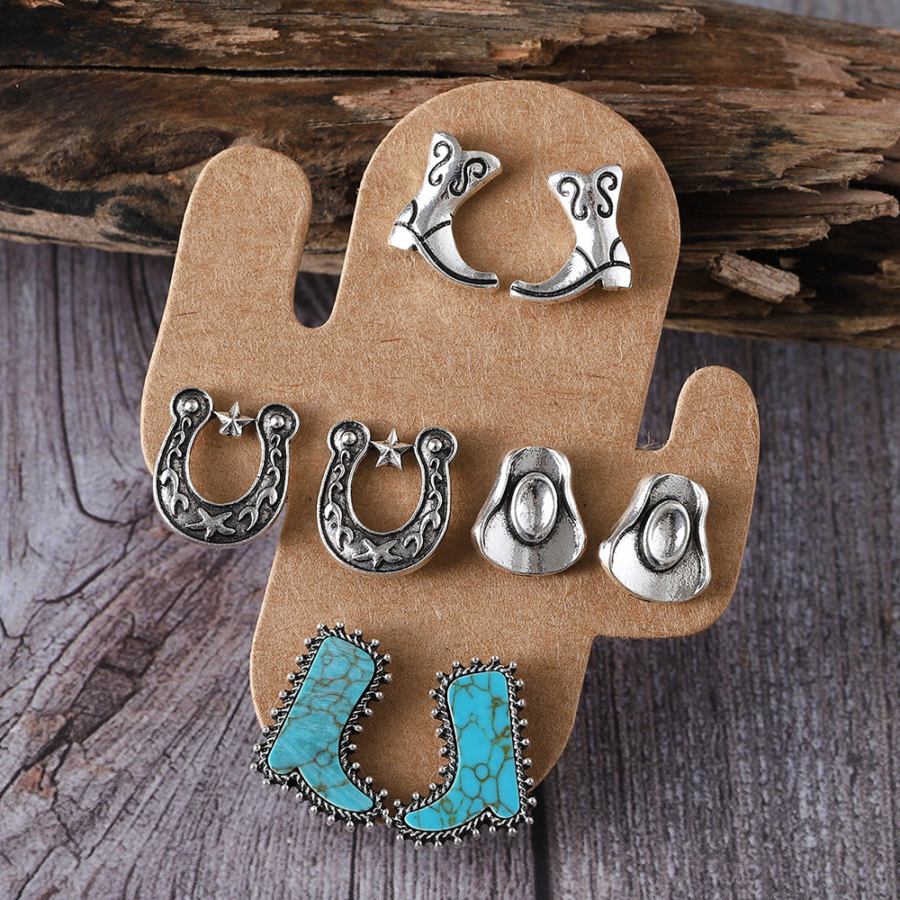 Wholesale Boots Hat Earrings Turquoise Cactus Four-piece suit