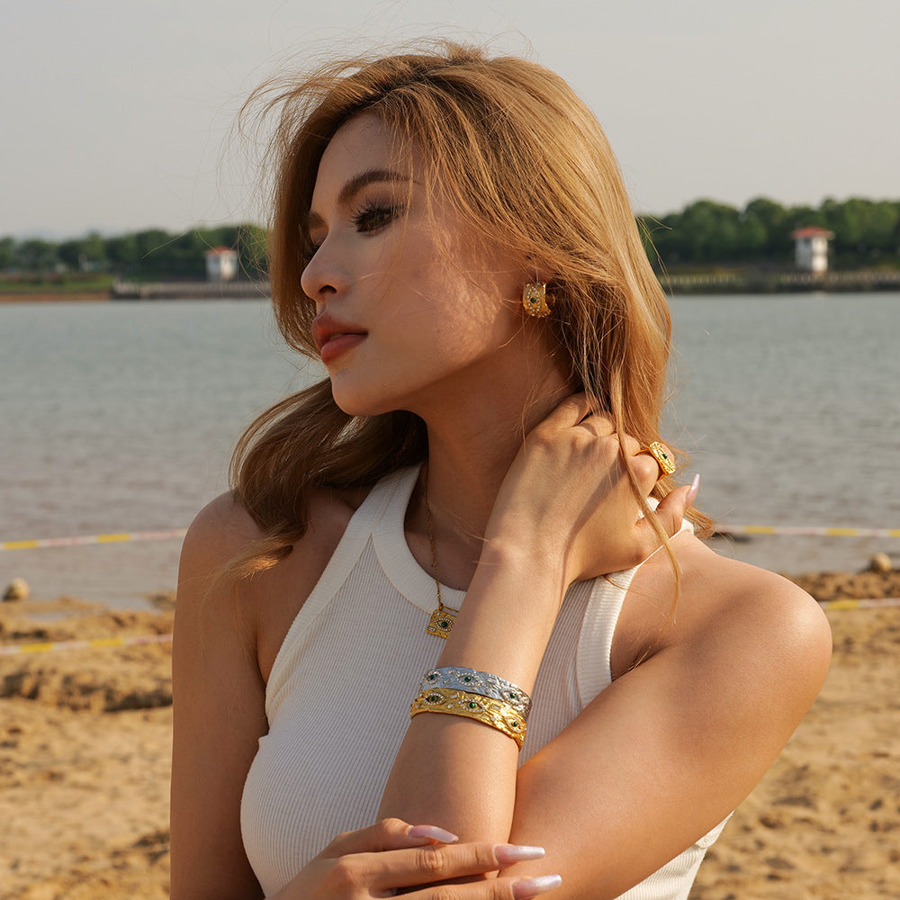 Wholesale 18K Gold Inlaid Zircon Green Malachite Lava Square Devil Eye Ring Stainless Steel Gold Plated Rings ACC-RS-JieDing004