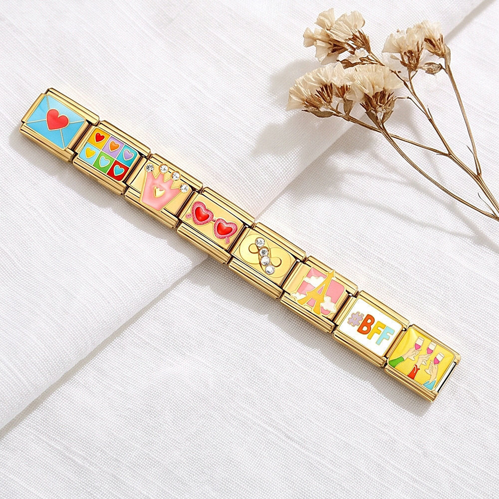 Wholesale Stainless Steel Gold Finish Colorful Heart Modular Bracelet DIY Fashion Accessory