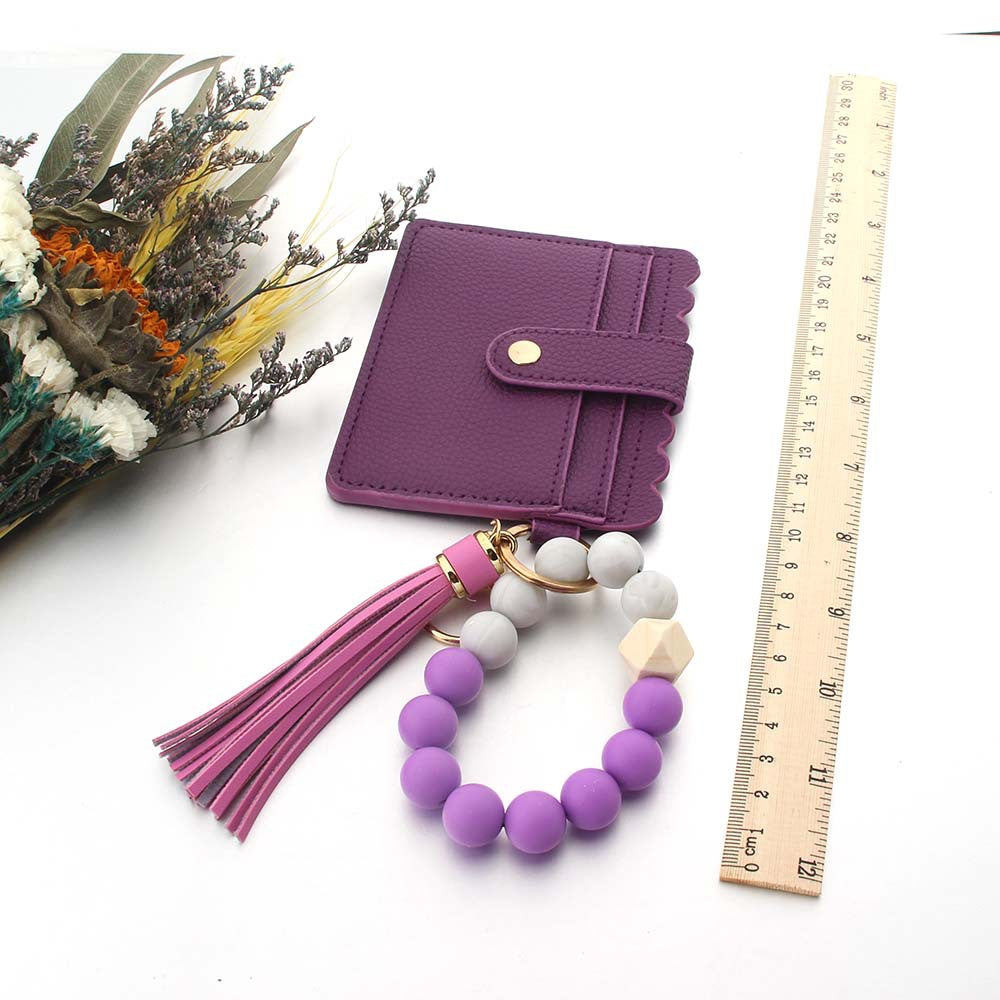 Wholesale Silicone PU Leather Tassel Bracelet Wooden Beads Wallet Keychain ACC-KC-JinAn023