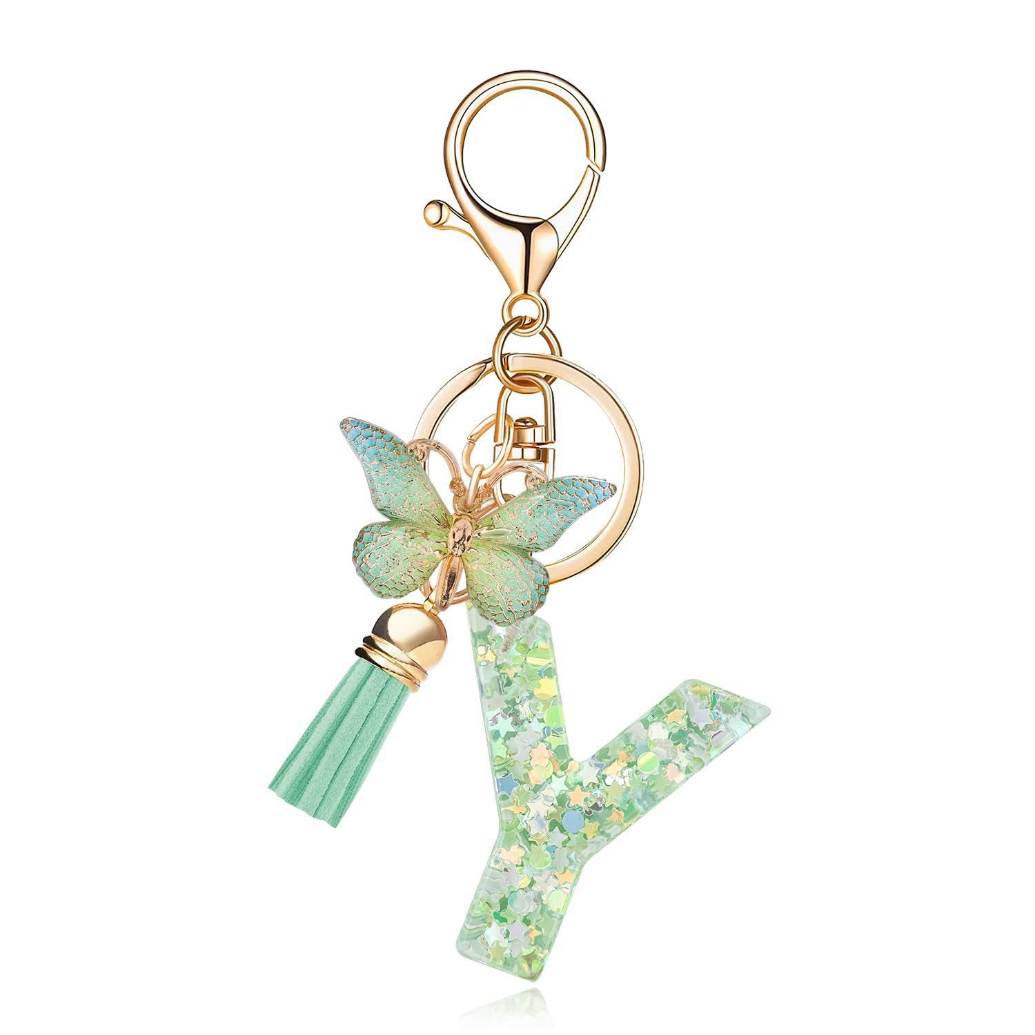 Wholesale 26 letter keychain green butterfly glue keychain