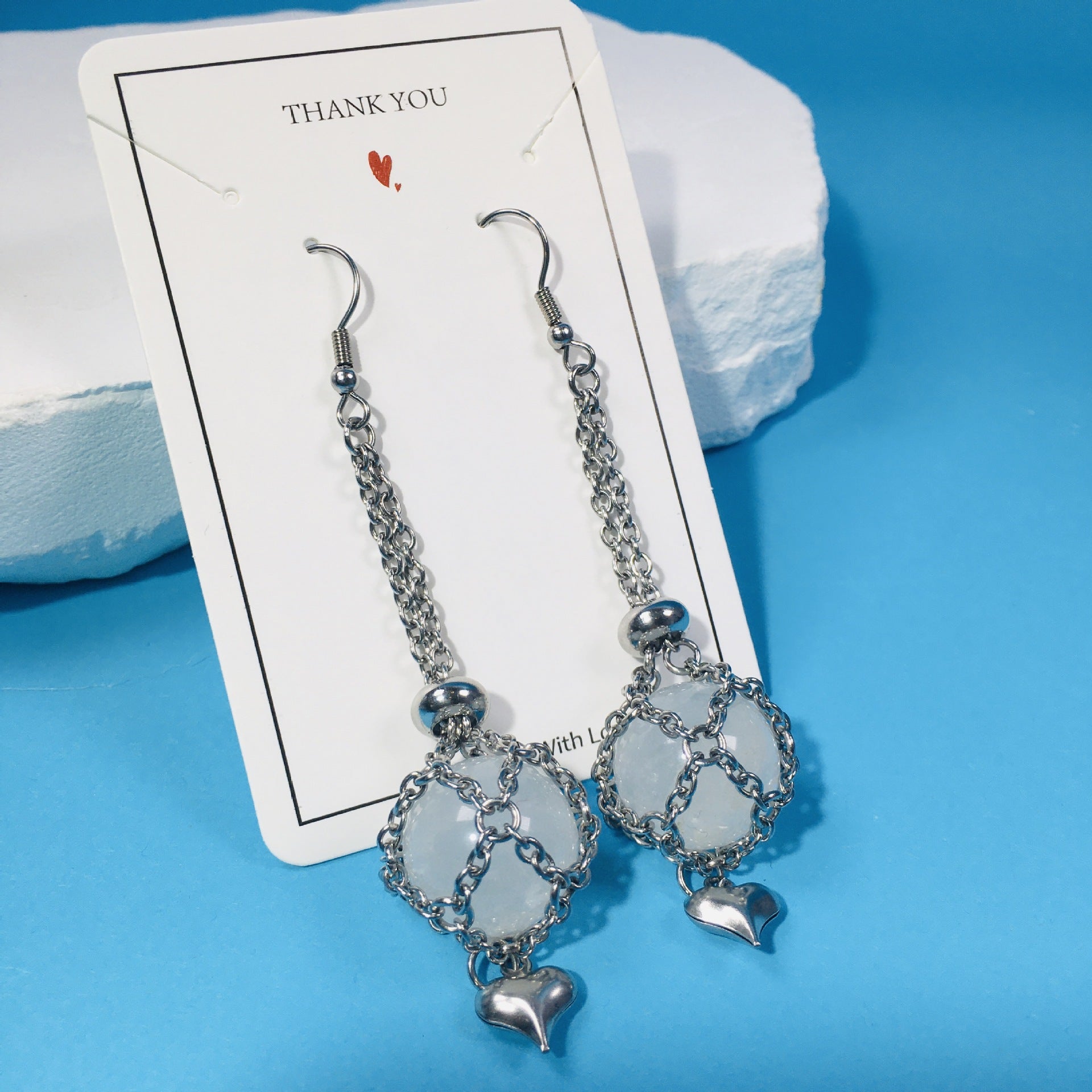 Wholesale Replaceable Crystal Natural Stone Adjustable Metal Mesh Pocket Earrings Heart Shape Pendant ACC-ES-RongGuan001