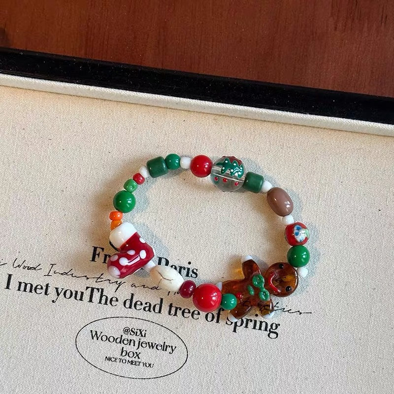 Wholesale Dopamine Christmas color beaded gingerbread man bracelet necklace ring