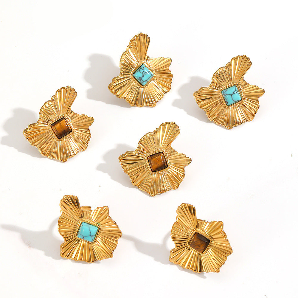 Wholesale Gold Plated Stainless Steel Natural Stone Irregular Geometric Ring And Earring Set For Women Trendy Everyday Jewelry