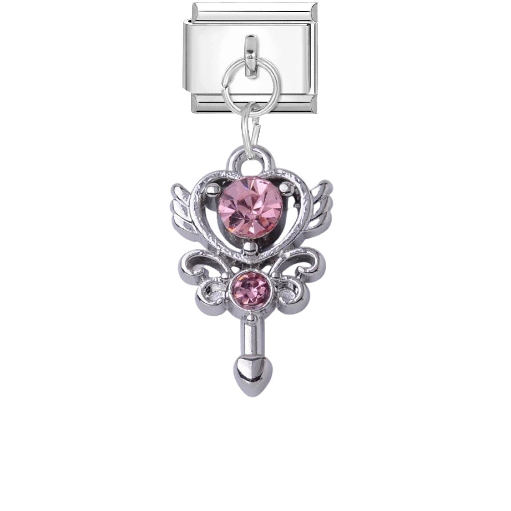 Wholesale DIY Bracelet Charms Pink Crystal Heart Wand Pendant Silver Edge Titanium Steel Jewelry Accessory For Casual Gift