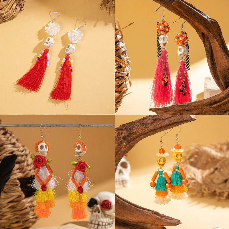 Wholesale Halloween earrings  funny fun skull tassel rice beads earrings