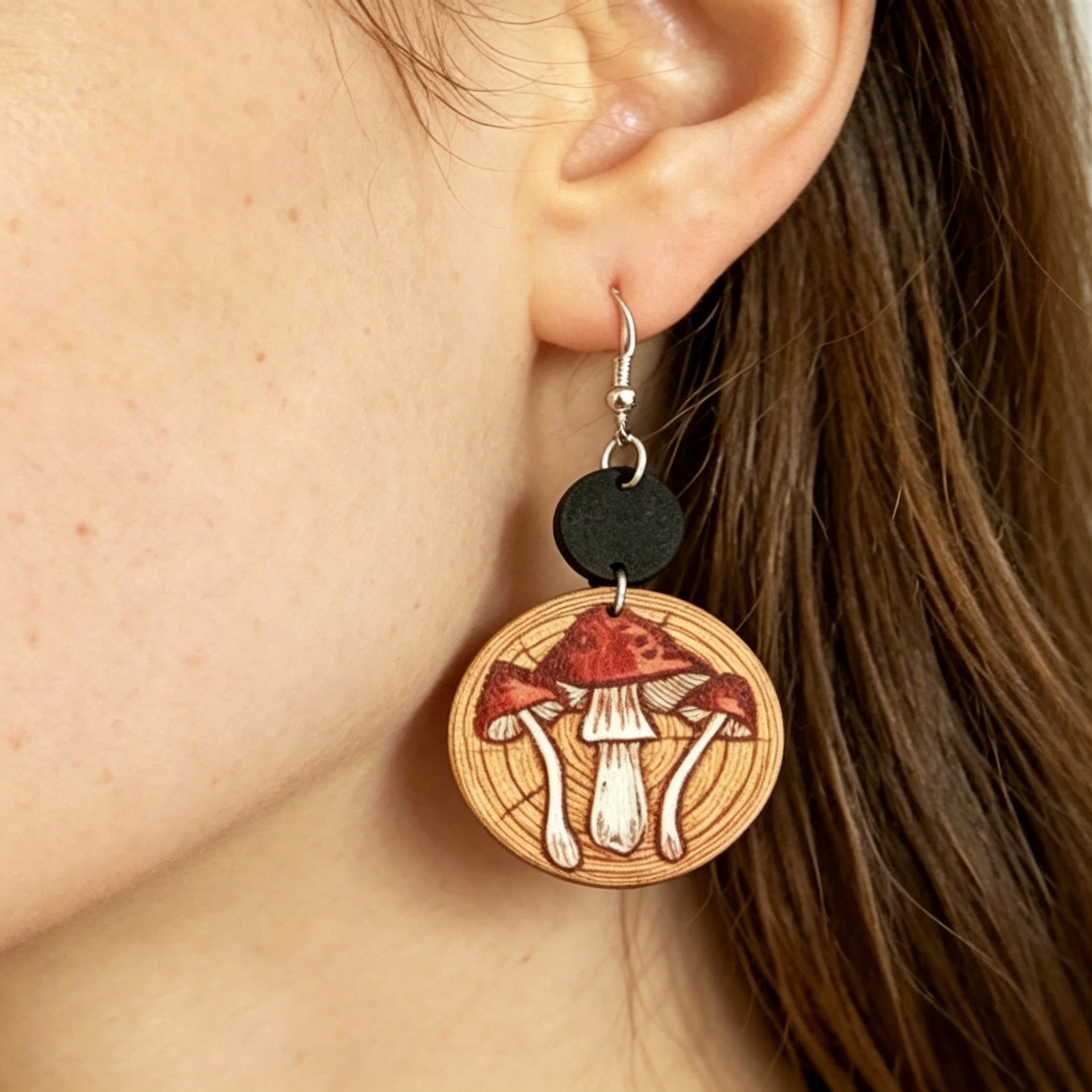 Wholesale Wooden Round Mushroom Print Earrings - Fashion Accessory for Women