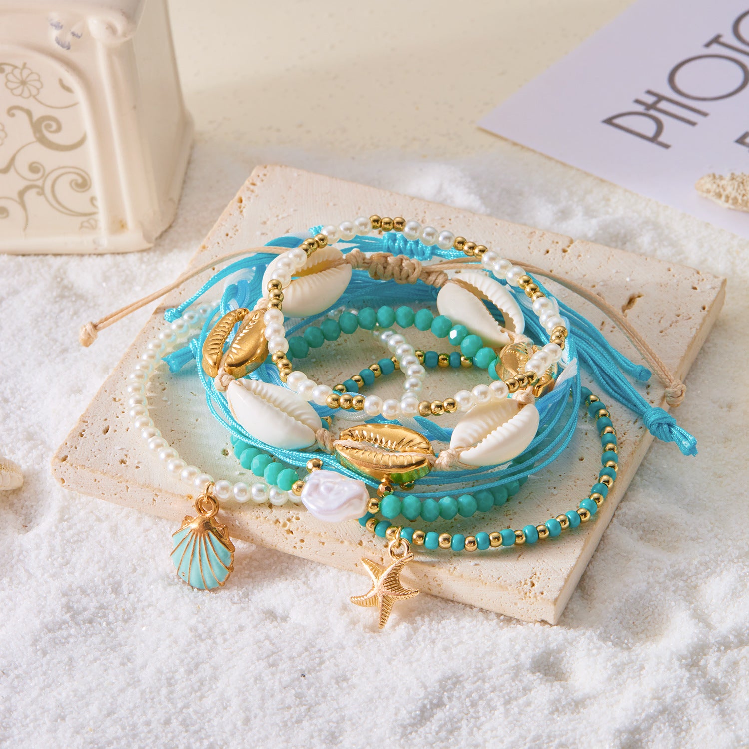 Wholesale Bohemian  Starfish Blue Bead Bracelet suit