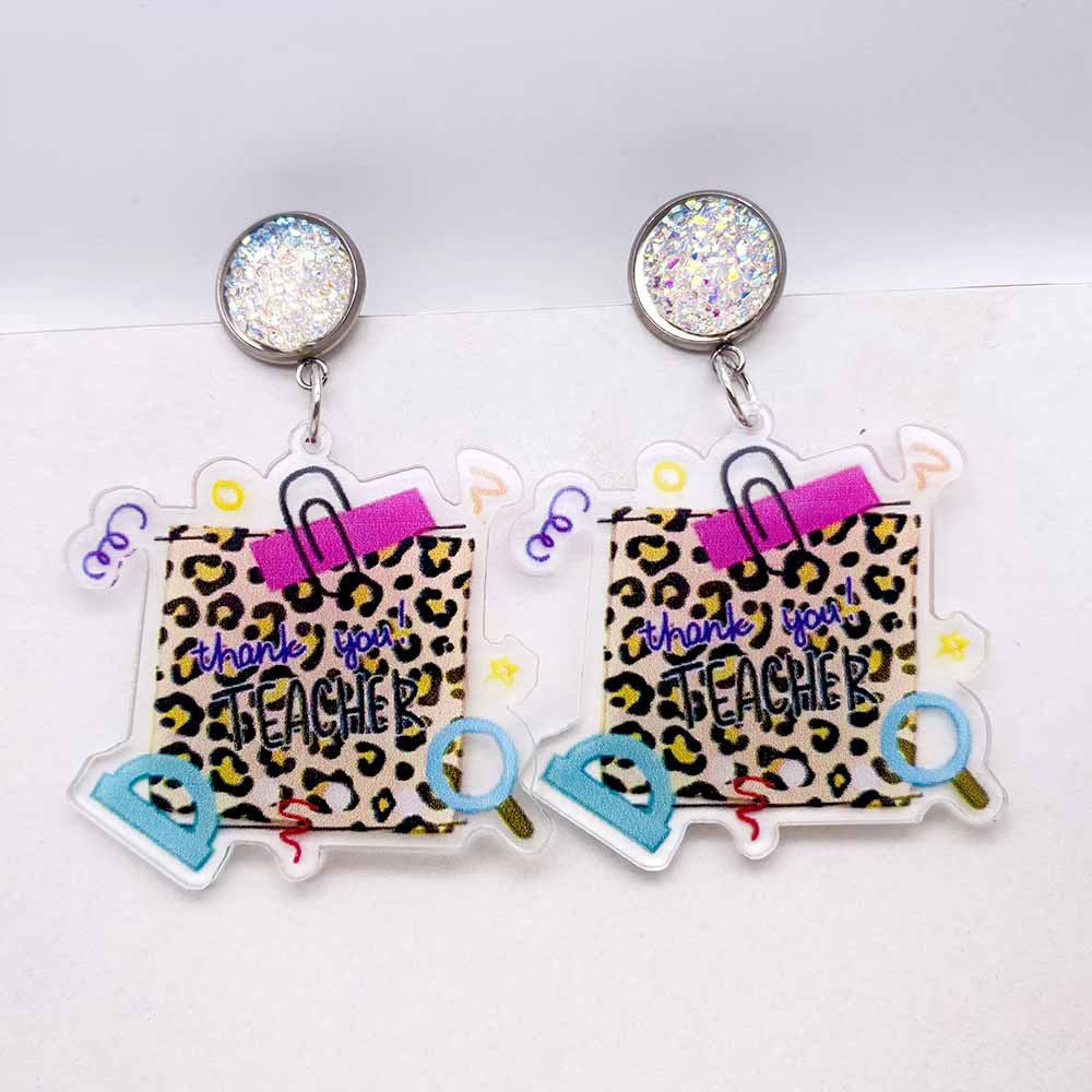 Wholesale Teacher' s Day Leopard Print Pencil Ruler Acrylic Earrings