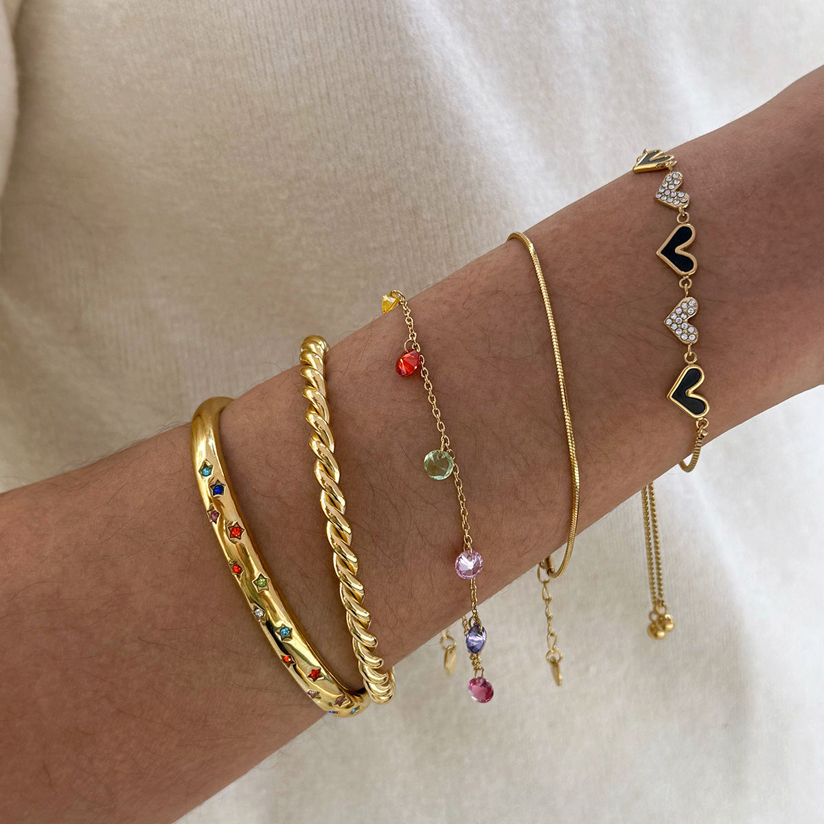 Wholesale Stainless steel colored diamond five-pointed star love pull bracelet