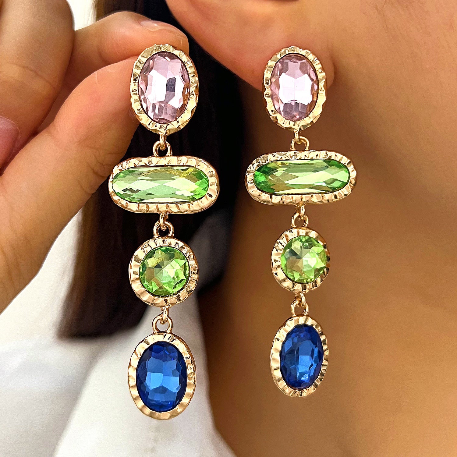 Wholesale Vintage Colorful Rhinestone Long Tassel Drop Earrings French Retro Multi Stone Jewelry Accessory Gift For Resale