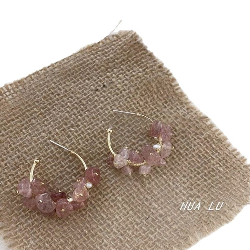 Wholesale Peach Blossom Stone Handmade Pink Strawberry Crystal Natural Stone Earrings