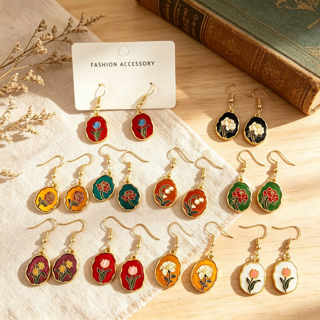 Wholesale Retro Oil Painting Style Floral Enamel Round Earrings