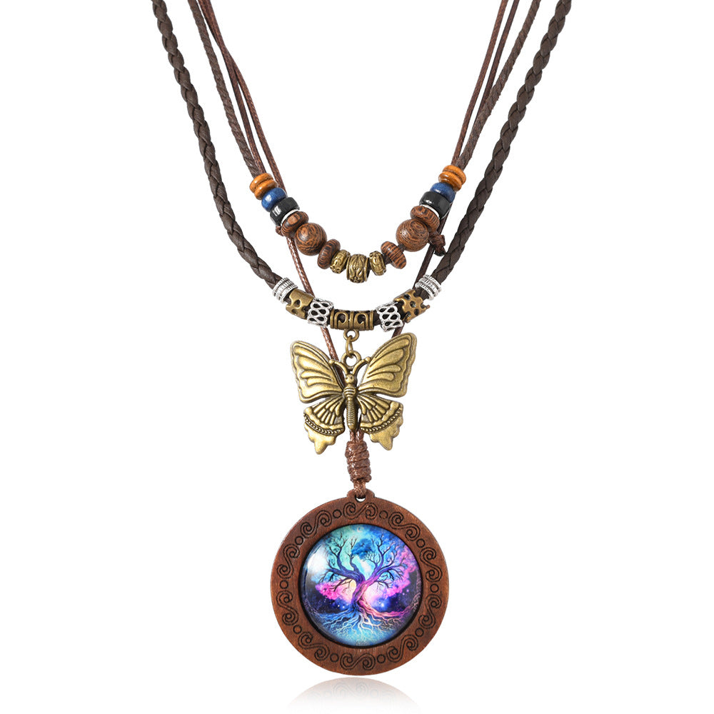 Wholesale Retro Men' s Knitted Layered Tree of Life Beaded Sweater Chain Set