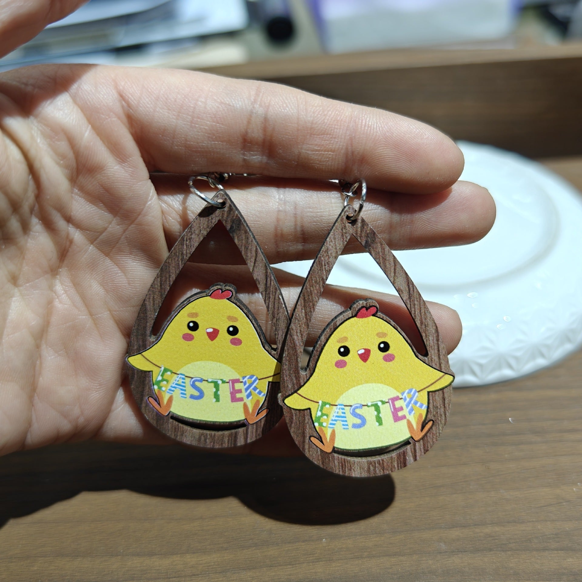 Wholesale Easter Wood Printed Colorful Earrings