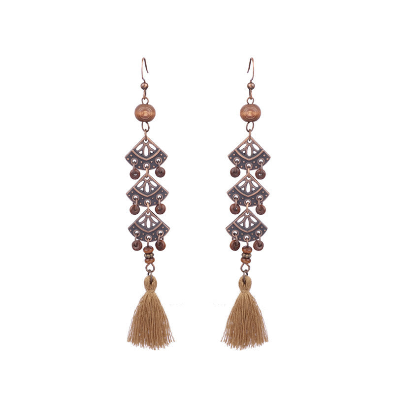 Wholesale Bohemian Wooden Earrings Tassel Bell Pendant Triangle Design Fashion Jewelry Accessory