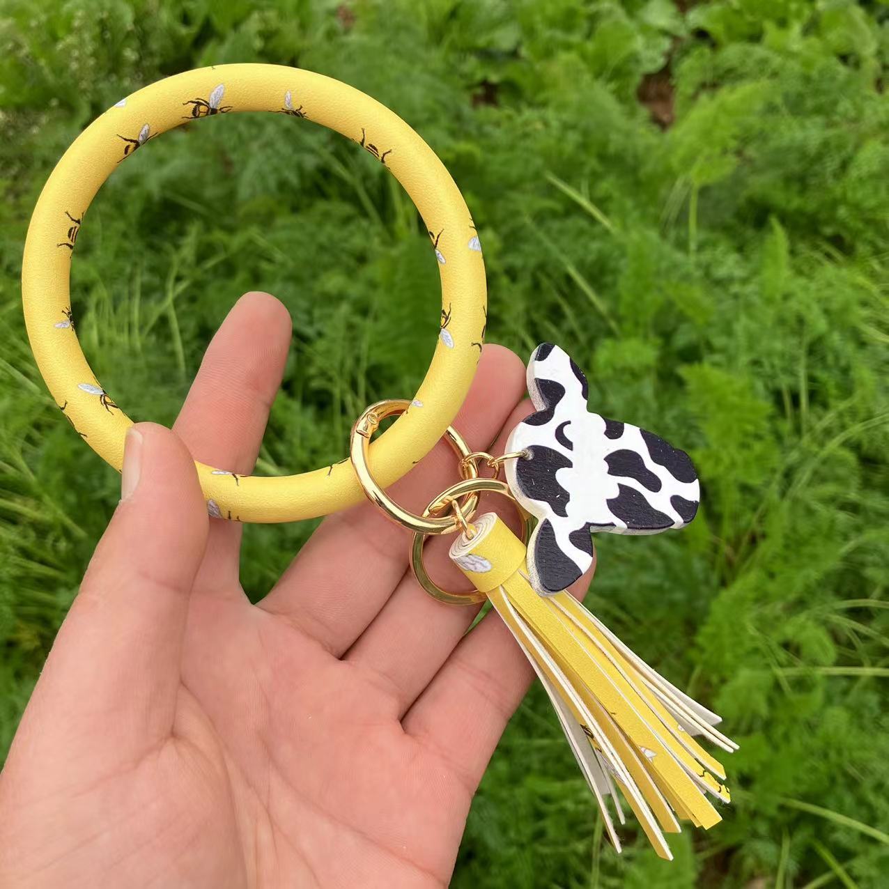 Wholesale Western Style Leopard Print Cow Print Cactus Leather Wristlet Keychain ACC-KC-QiuXue003