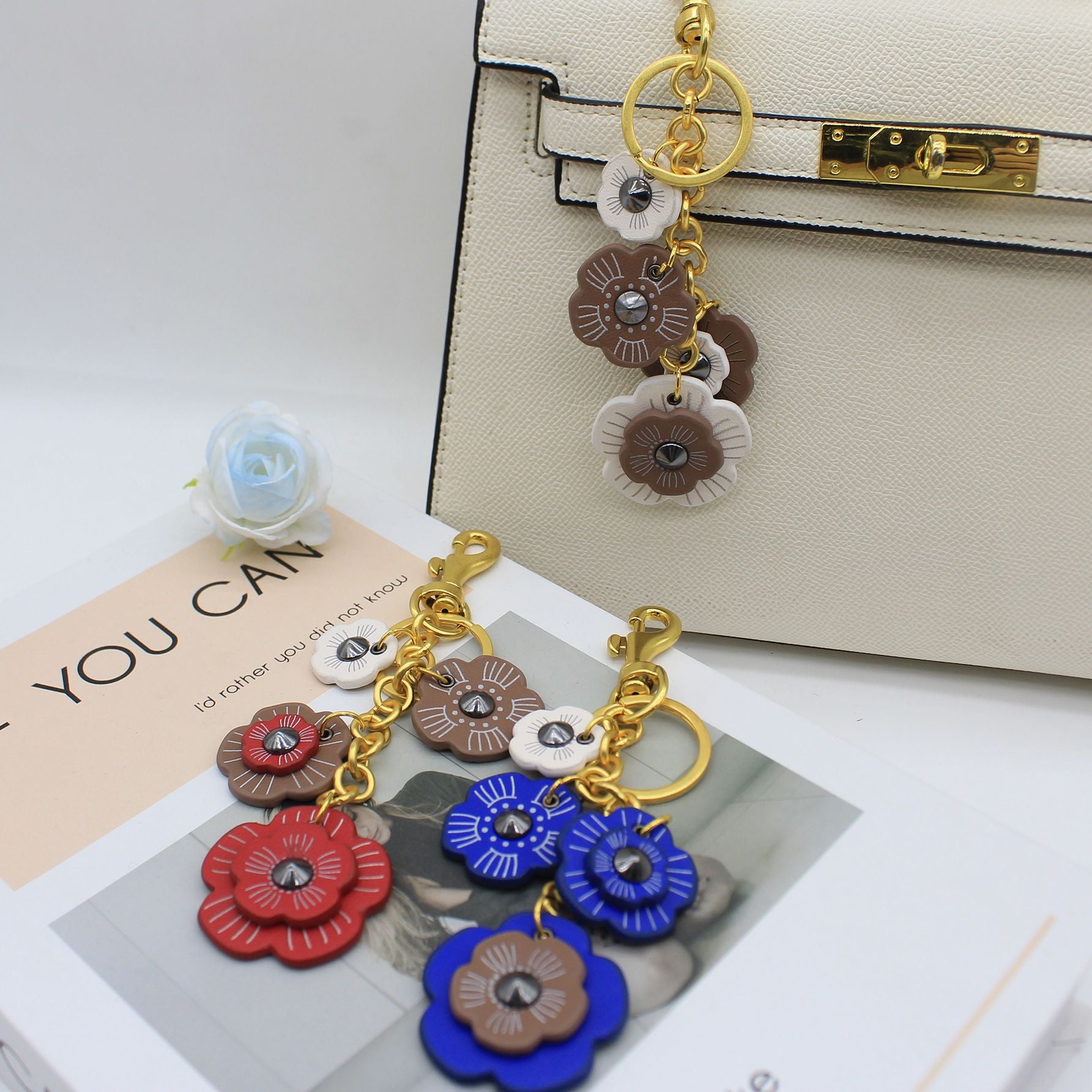 Wholesale Retro PU Flower Keychain Bag Charm Fashion Camellia Phone Lanyard Resale Accessory