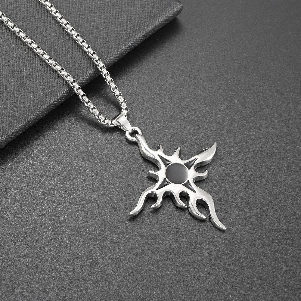 Wholesale Alloy Flame Cross Pendant Hip Hop Necklace For Men Street Style Long Chain Jewelry Accessory