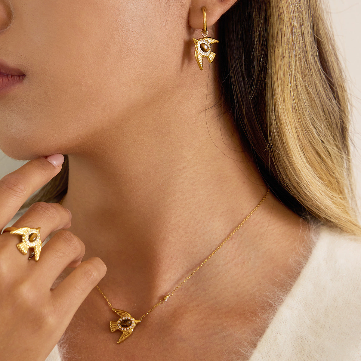 Wholesale 18K Stainless Steel Tiger Eye Dove Jewelry Set